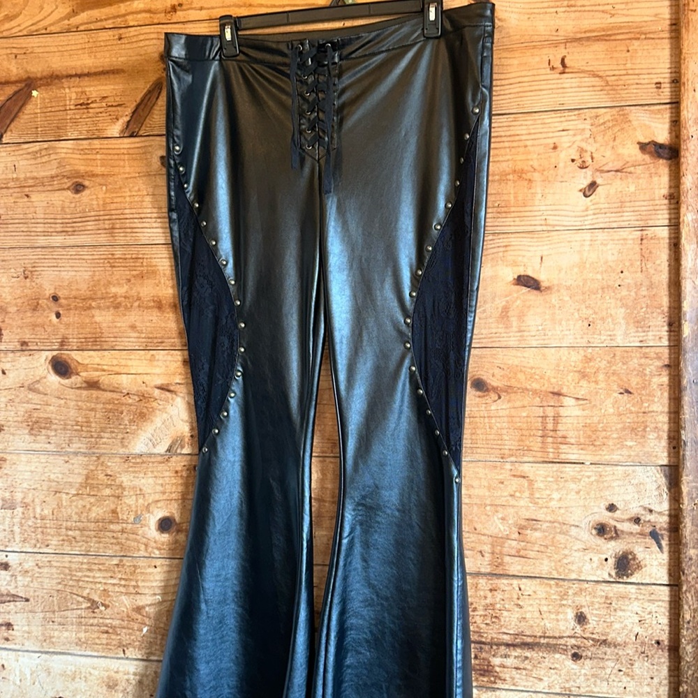 Killstar Shiny Black Lace-Up Flare Pants